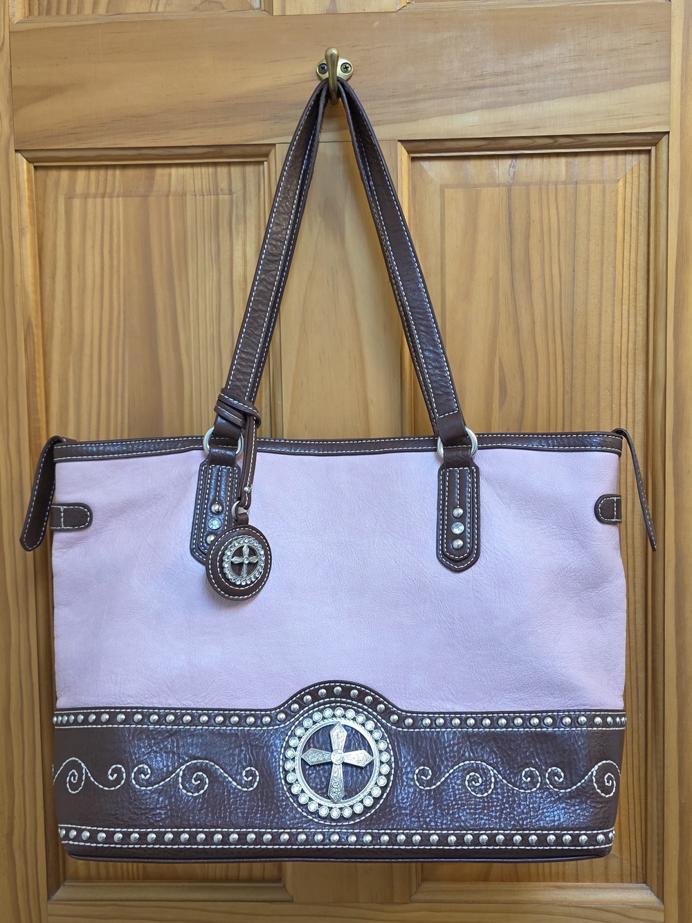 Blazin Roxx Pink and Brown Studded Tote with Cross Medallion